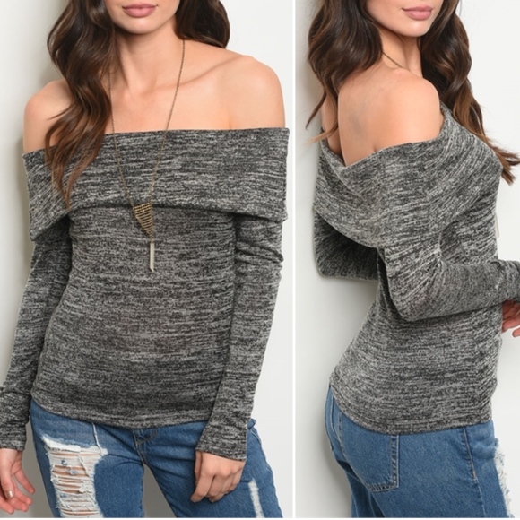 TREND SETTER DIVA Sweaters - LAST 1! Charcoal Long sleeve off the shoulder knit
